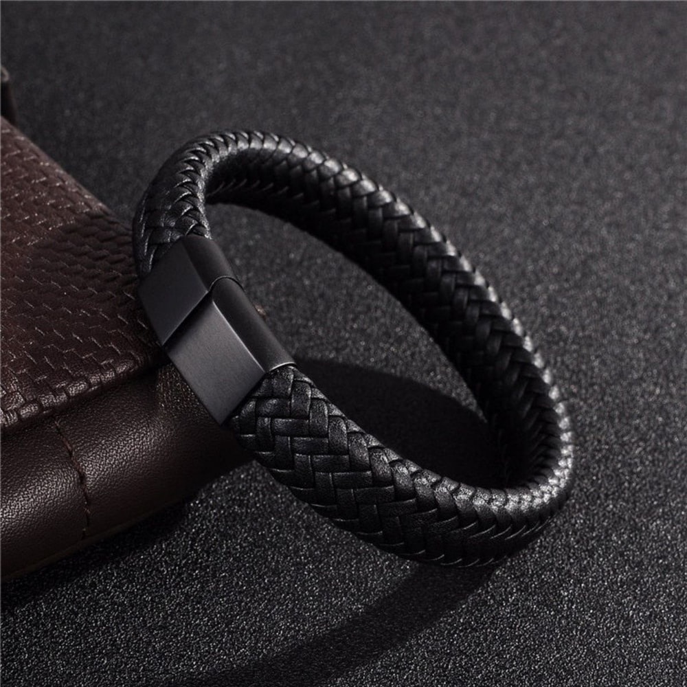 Men Leather Open Bangle Outdoor Sports Gift Simple MultiSize Woven Leather Hand Rope 4