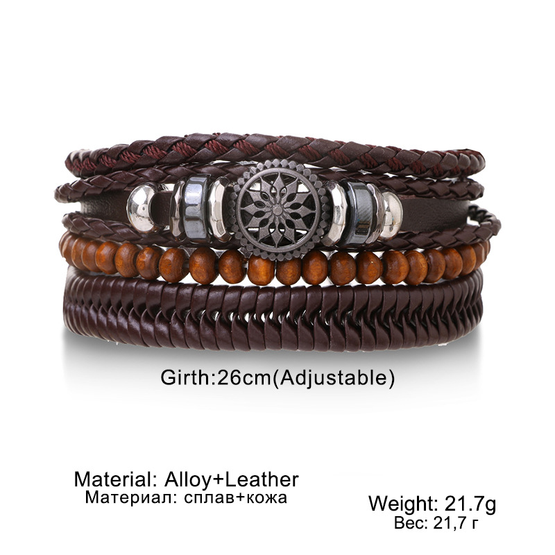 Braided Leather Bracelet Men Vintage Rope Wristband Life Tree Rudder Charm Ethnic Tribal Wood Beads 2