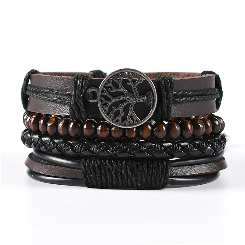 Braided Leather Bracelet Men Vintage Rope Wristband Life Tree Rudder Charm Ethnic Tribal Wood Beads 5