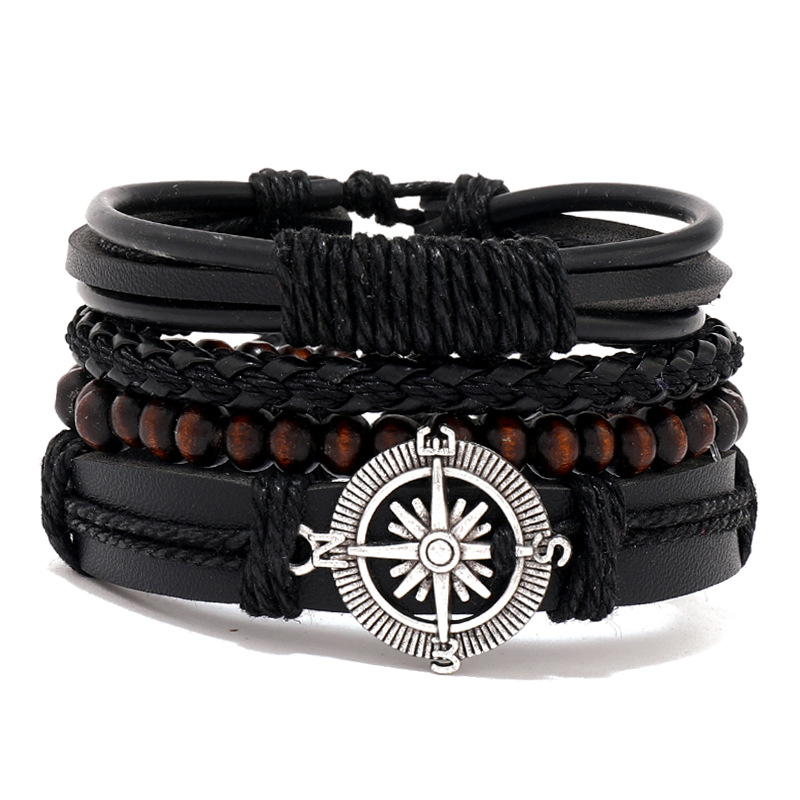 Braided Leather Bracelet Men Vintage Rope Wristband Life Tree Rudder Charm Ethnic Tribal Wood Beads 8