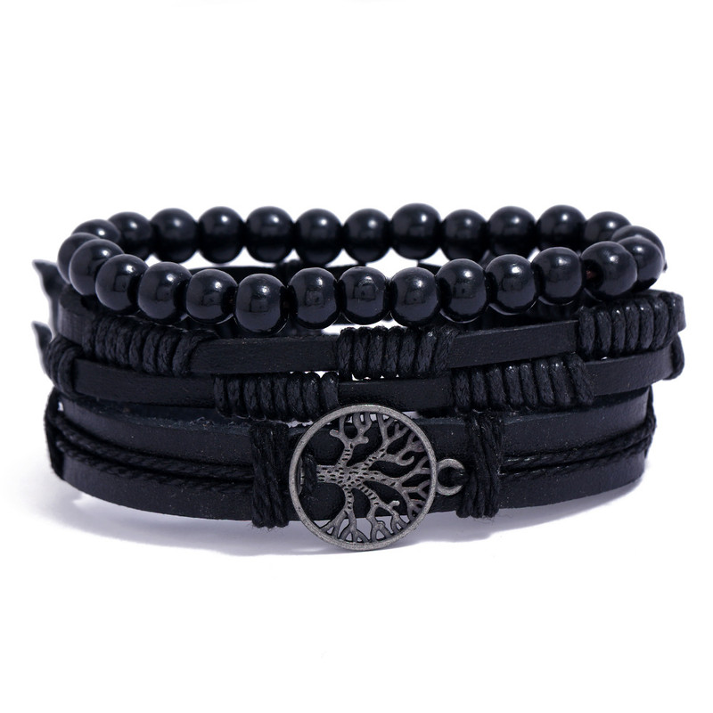 Braided Leather Bracelet Men Vintage Rope Wristband Life Tree Rudder Charm Ethnic Tribal Wood Beads 9