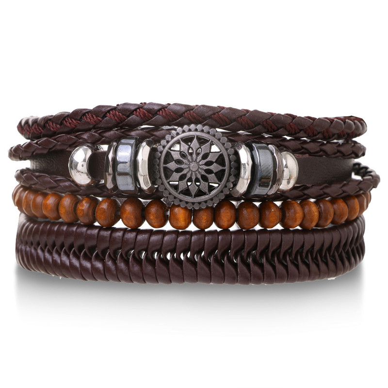 Braided Leather Bracelet Men Vintage Rope Wristband Life Tree Rudder Charm Ethnic Tribal Wood Beads 12