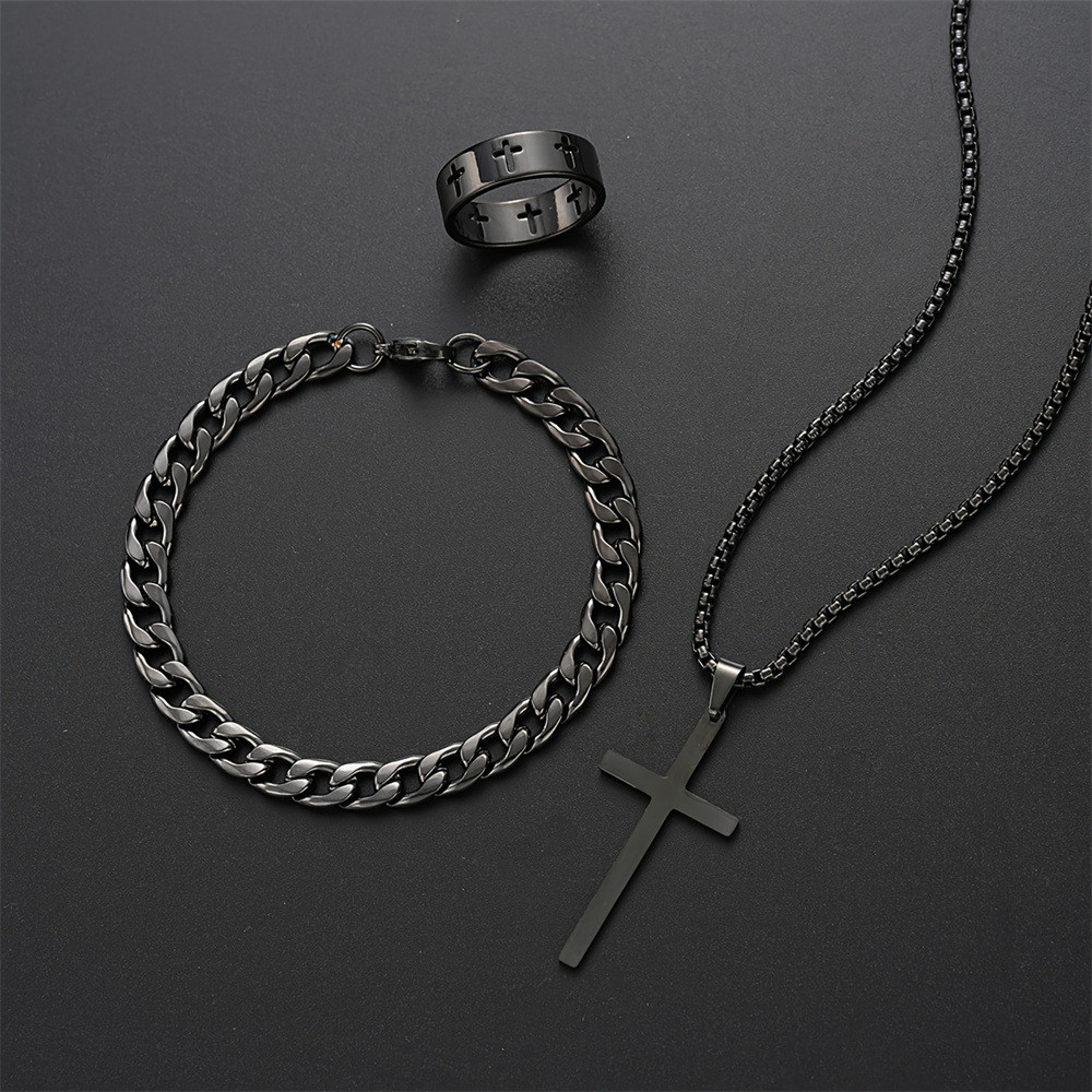 Men Stainless Steel Chain Necklace Cross Pendant Jewellery Set Bracelet Ring Hip Hop Daily Wear Acc 1