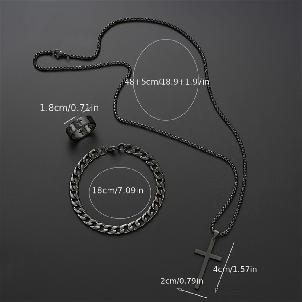 Men Stainless Steel Chain Necklace Cross Pendant Jewellery Set Bracelet Ring Hip Hop Daily Wear Acc 3