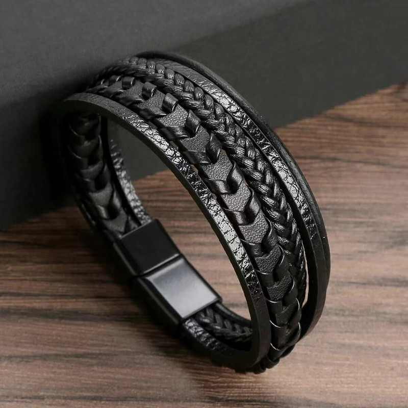 Fashion Accessories Men Multi Layered Vintage Leather Bracelet Braided Rope Bracelet Alloy Magnetic 4