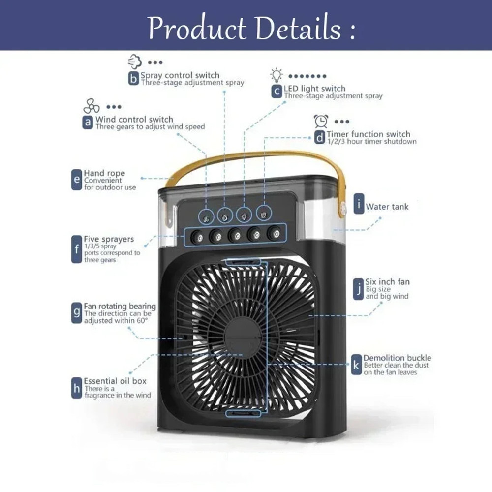 Fan, Air Conditioner, Portable Humidifier, Small Air Cooler, LED Night Light, Office Home Fan