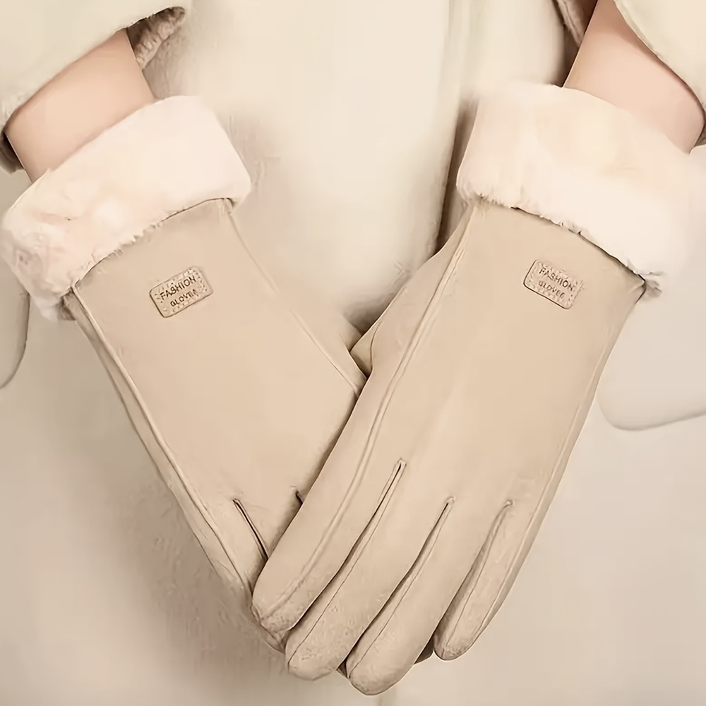 Comfortable beige gloves, plush-lined touchscreen winter gloves, warm thick protection for outdoor leisure