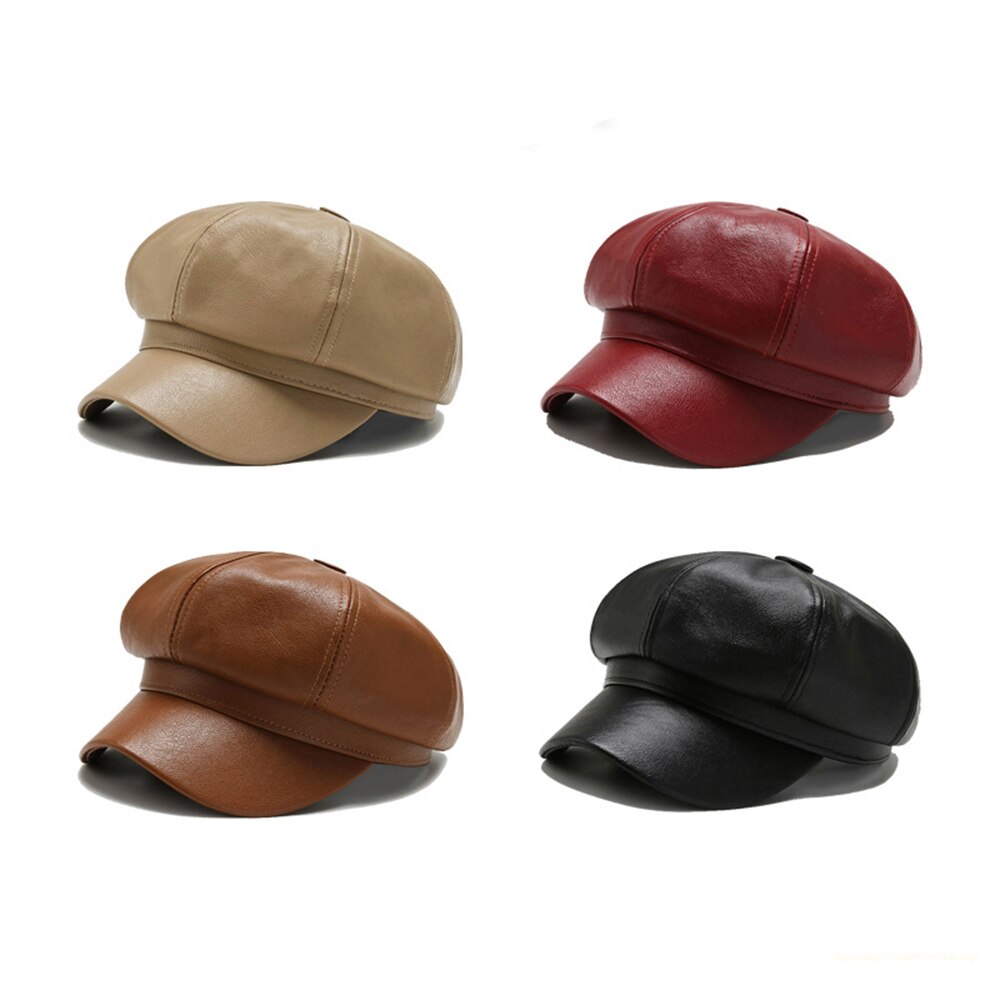 Fashion Women Leather Beret Octagonal Hat Autumn Winter Style Versatile Big Head Circumference Cap 0