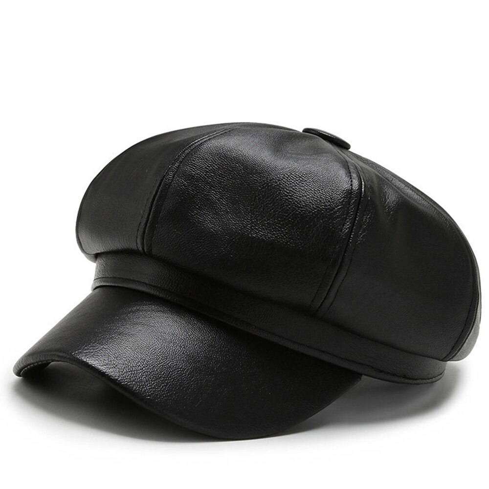 Fashion Women Leather Beret Octagonal Hat Autumn Winter Style Versatile Big Head Circumference Cap 1