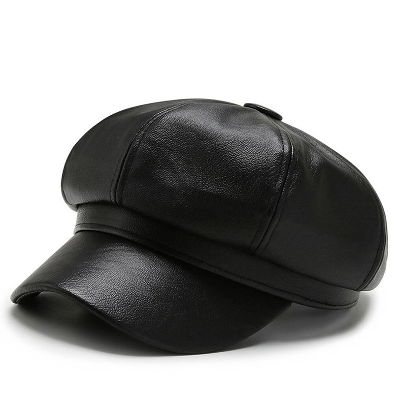 Fashion Women Leather Beret Octagonal Hat Autumn Winter Style Versatile Big Head Circumference Cap 1