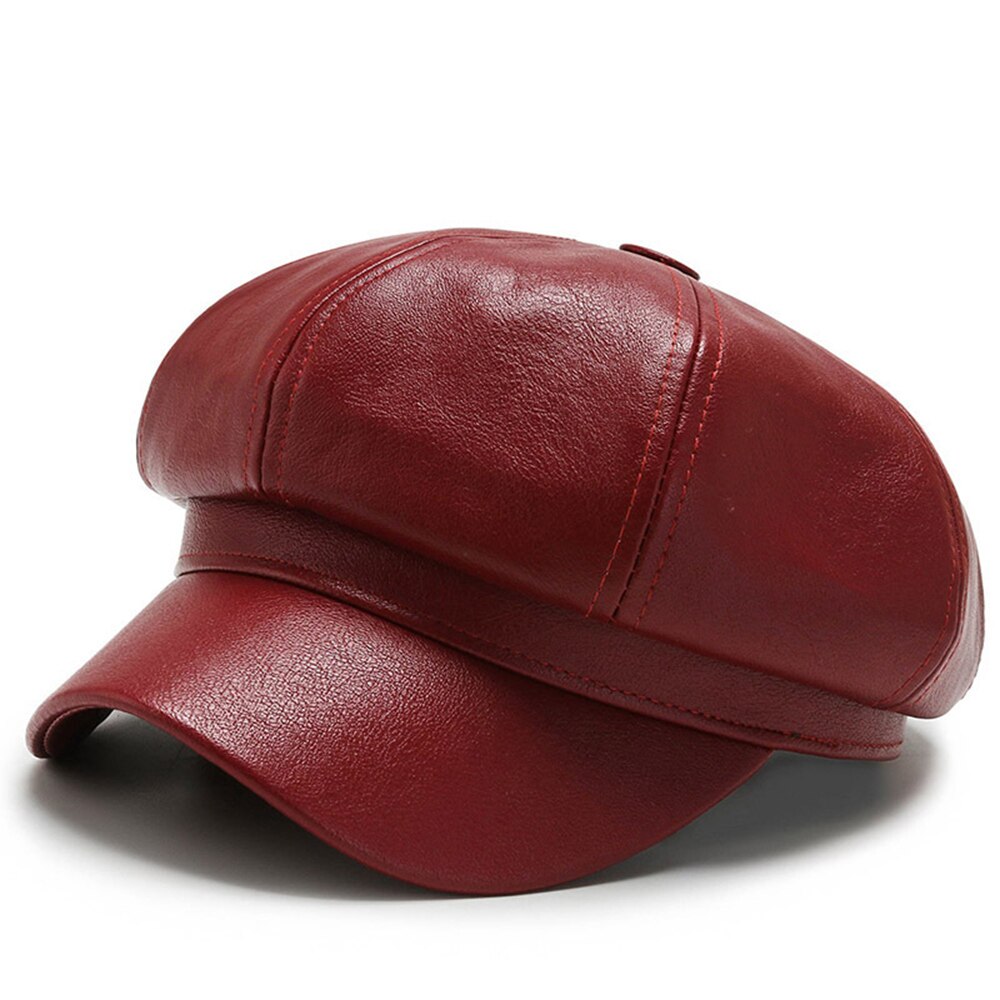 Fashion Women Leather Beret Octagonal Hat Autumn Winter Style Versatile Big Head Circumference Cap 2