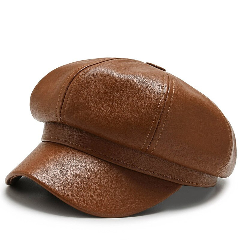 Fashion Women Leather Beret Octagonal Hat Autumn Winter Style Versatile Big Head Circumference Cap 6