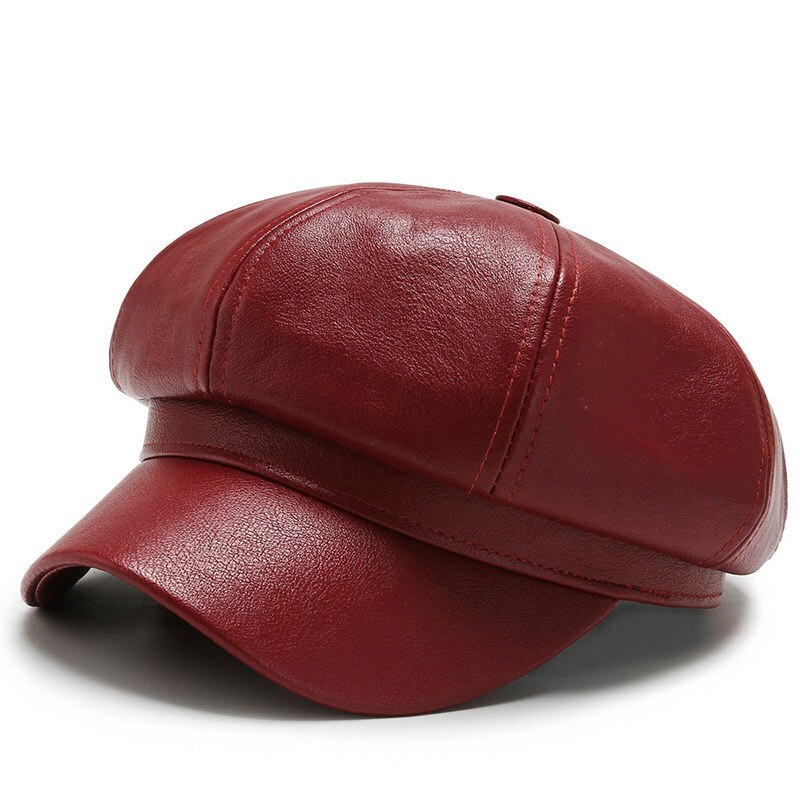 Fashion Women Leather Beret Octagonal Hat Autumn Winter Style Versatile Big Head Circumference Cap 7