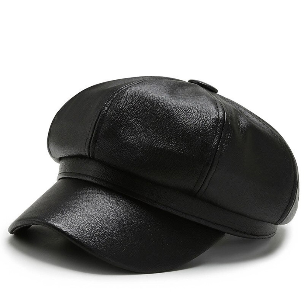 Fashion Women Leather Beret Octagonal Hat Autumn Winter Style Versatile Big Head Circumference Cap 9