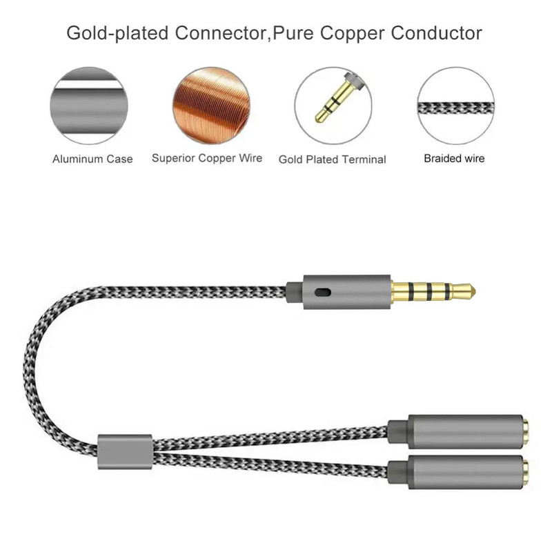 Headset Adaptor, Headphone Mic and Speaker Splitter Cable, Audio Male to Female for Earphone Extension Mobile Audio
