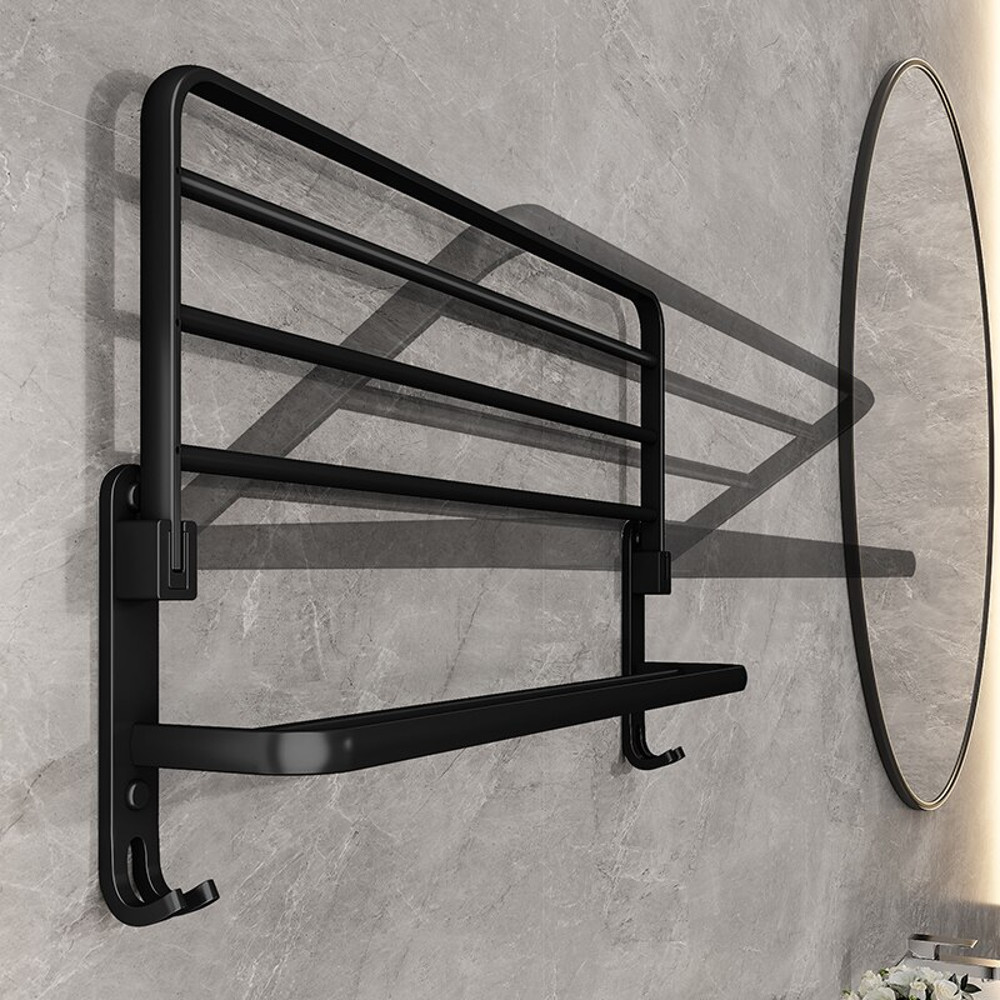 Matte Black Wall Mount Aluminium Towel Rack, Folding Holder With Hook