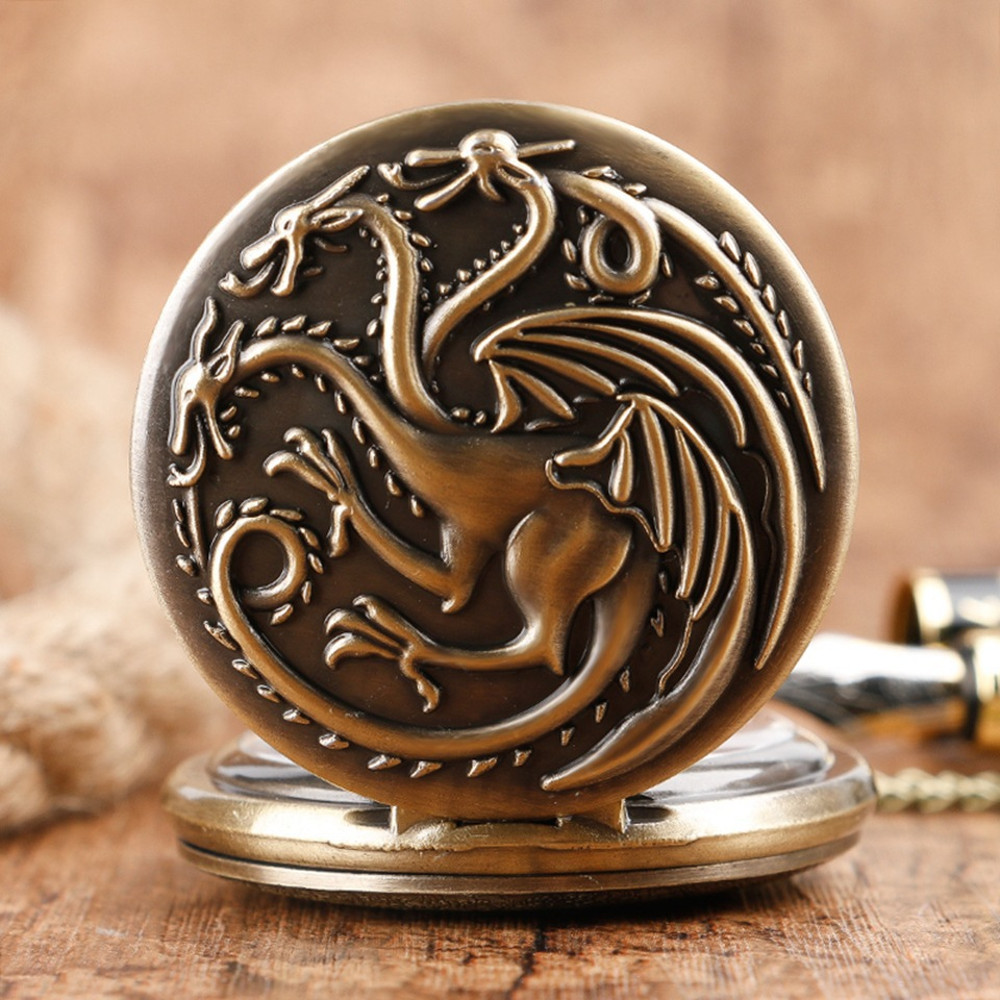 Three Headed Dragon Quartz Pocket Watch Vintage Bronze Fire Monster Necklace Antique Watch 2