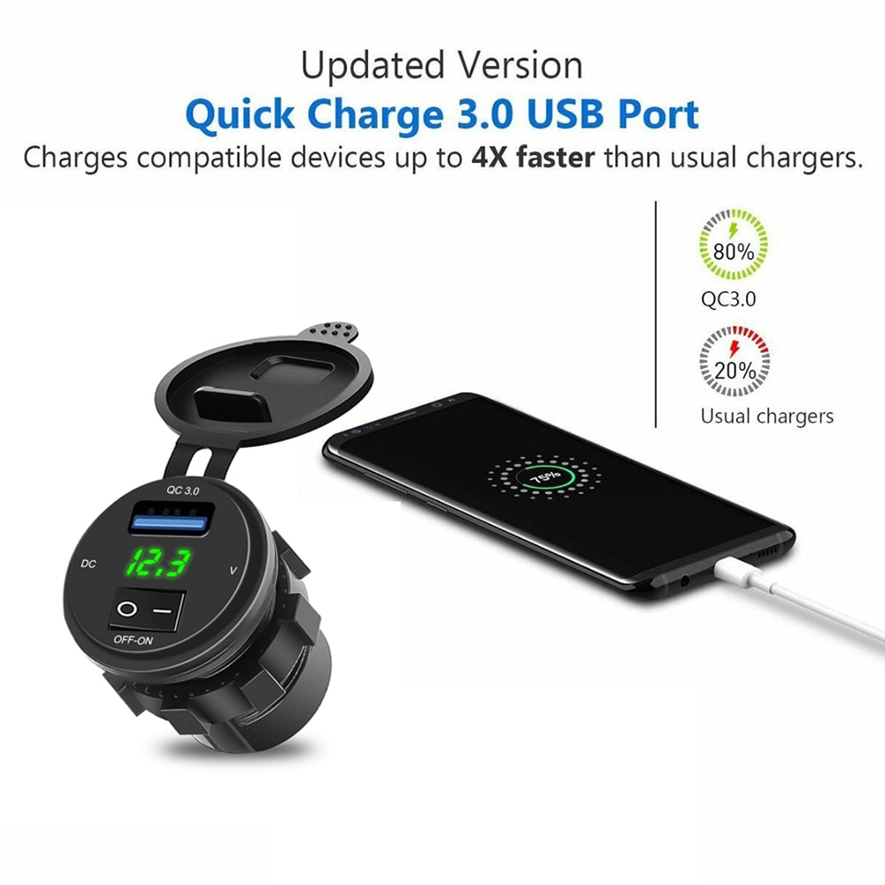Fast Charger 3.0 USB Charging Socket, Waterproof Car USB Outlet, Voltage Display Voltmeter Charger Socket
