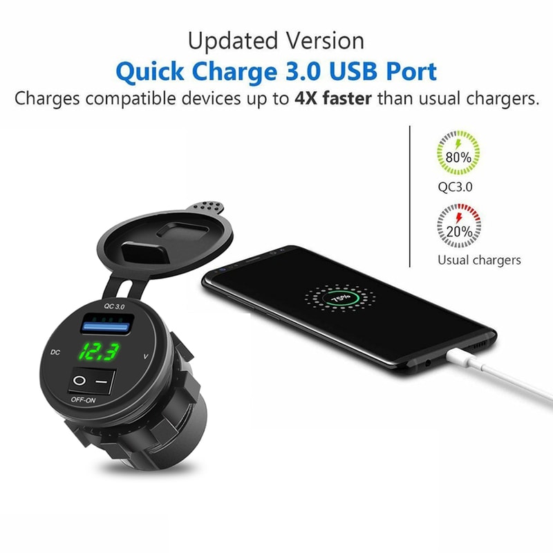 Fast Charger 3.0 USB Charging Socket, Waterproof Car USB Outlet, Voltage Display Voltmeter Charger Socket