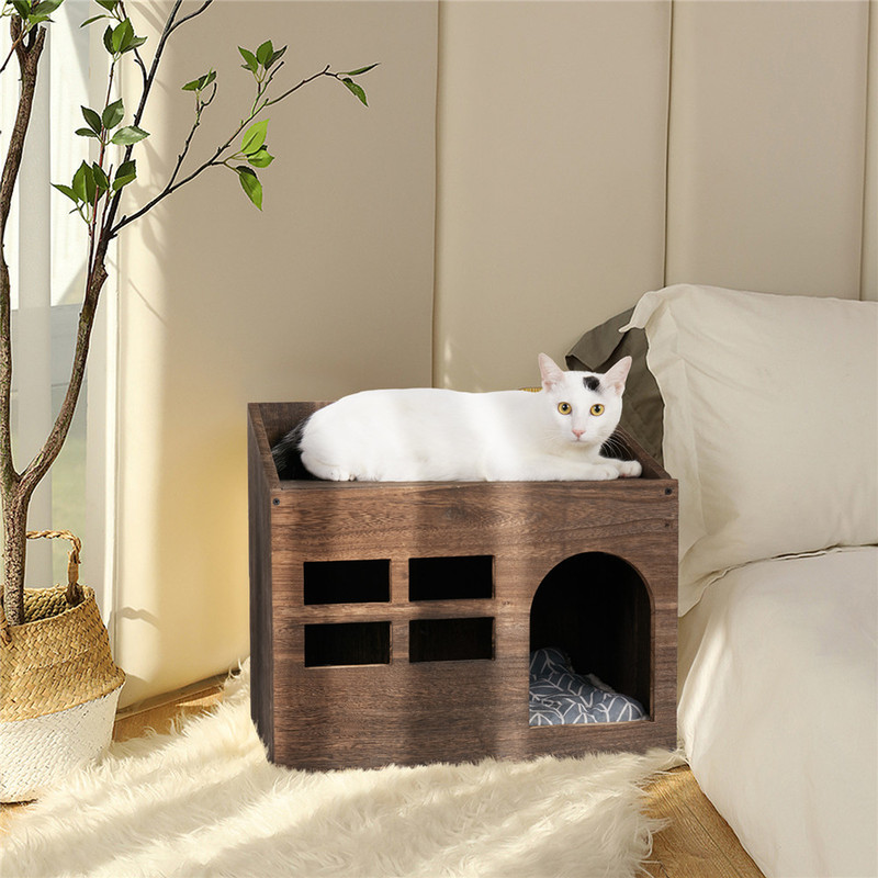 Durable Wooden Cat Cave Bed, Kitten Sleep Lounge with Cushion Pad