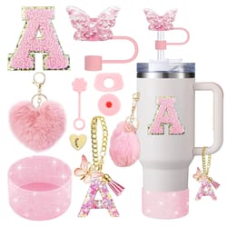 cup accessory set for stanley, butterfly straw cover cap, silicone boot charm, initials sticker, spill proof stopper kit