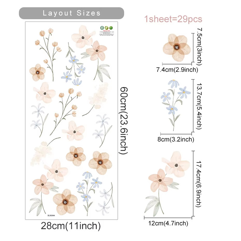 Flowers Wall Stickers Child Water Colour Bedroom Decor Living Room Home Art Eco Friendly Removable 13