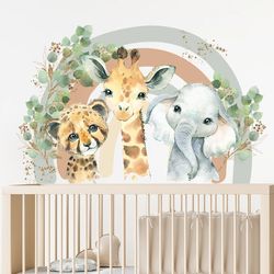 cartoon cute smiling face wall sticker, lion giraffe elephant leaf rainbow decor for kids room, bedroom home decoration