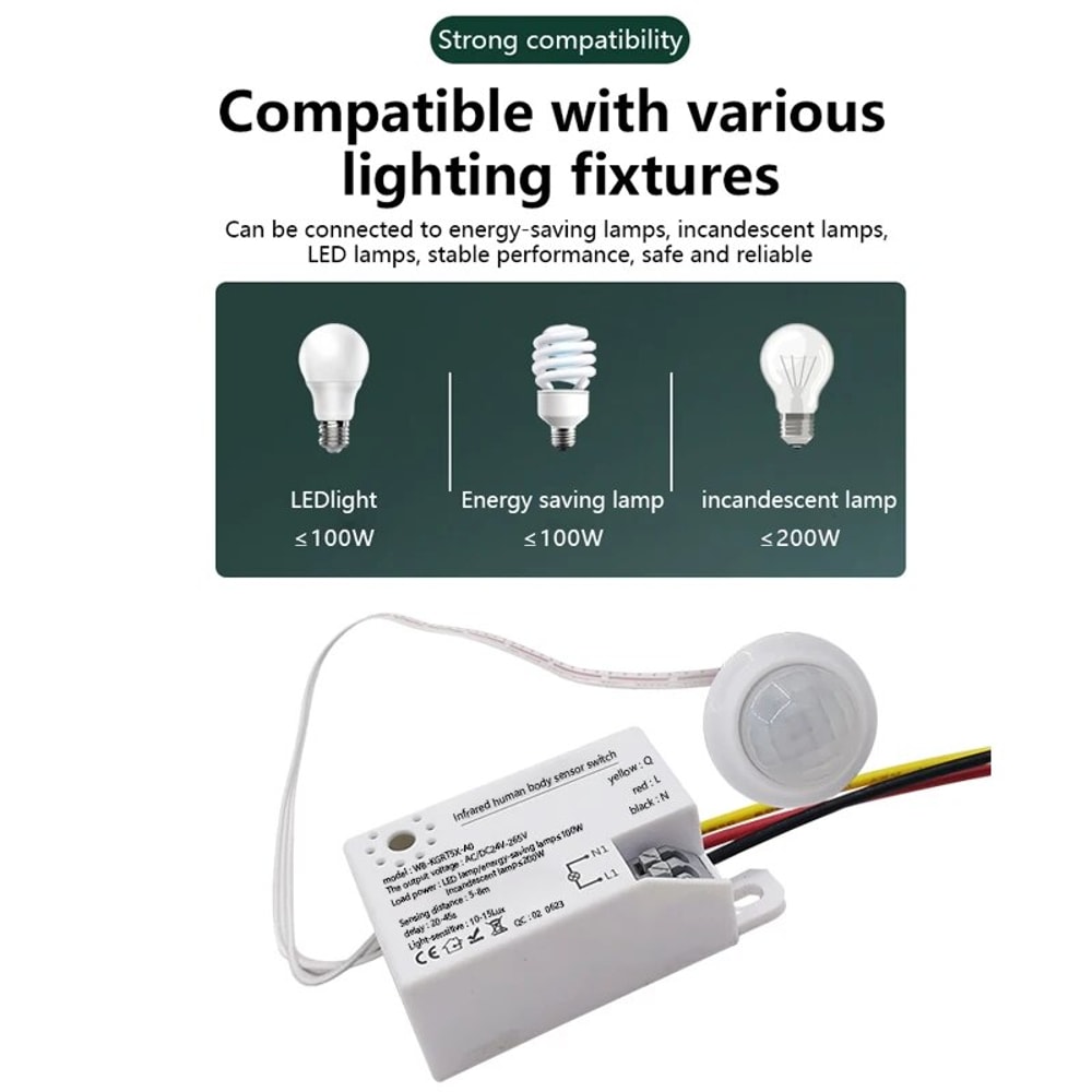 Infrared Body Motion Sensor Switch Auto LED Lamp Control Smart Home Lighting Adjustable Delay Timer 2