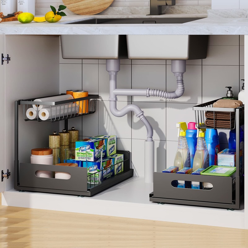 Under Sink Sliding Cabinet Basket Organiser Pull Out Drawer For Bathroom Kitchen Storage 3