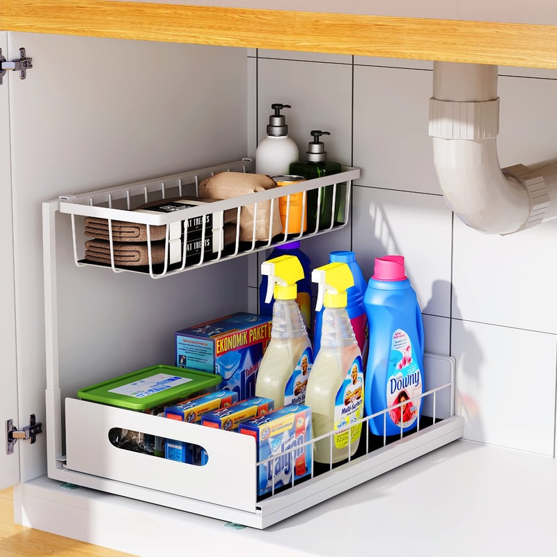 Under Sink Sliding Cabinet Basket Organiser Pull Out Drawer For Bathroom Kitchen Storage 6