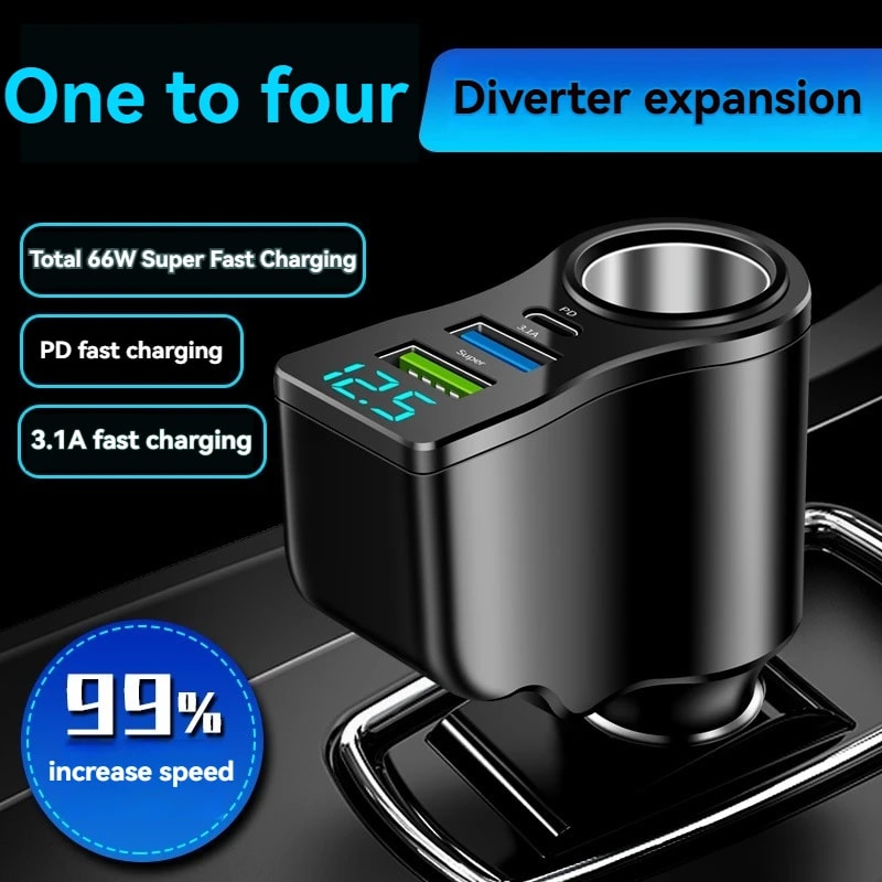 Digital Display Car Charger Dual USB Multifunctional OnetoThree Cigarette Lighter Fast Charging 2