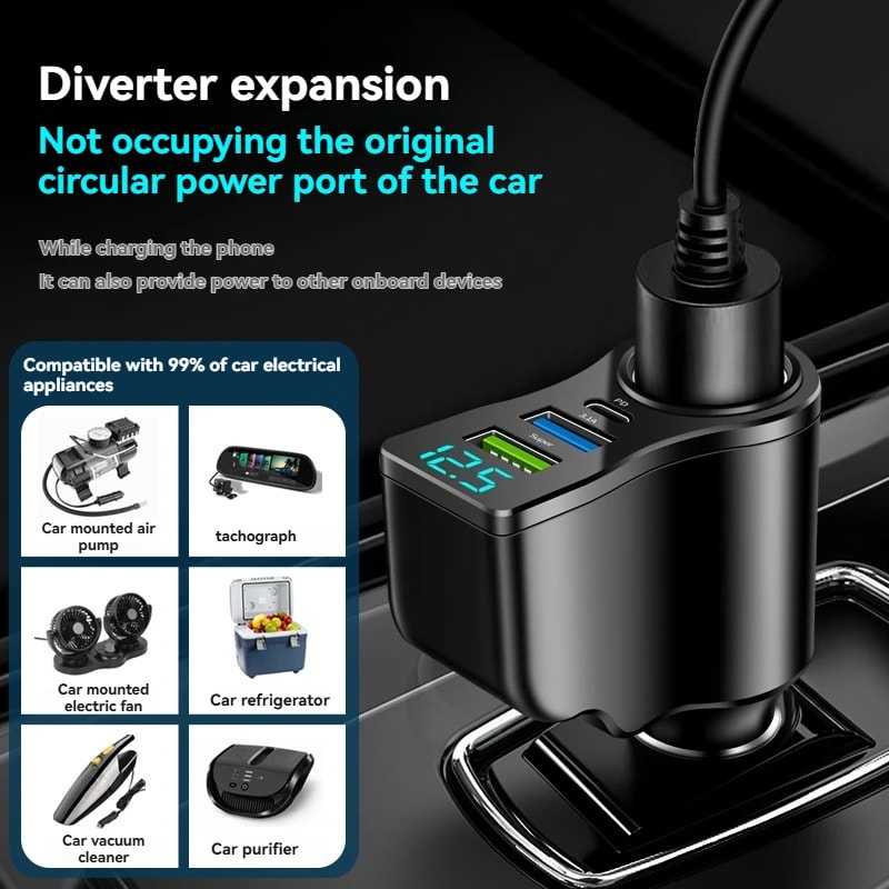 Digital Display Car Charger Dual USB Multifunctional OnetoThree Cigarette Lighter Fast Charging 3