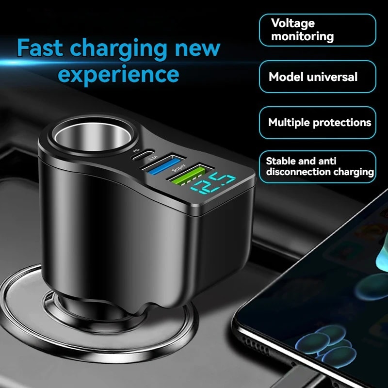 Digital Display Car Charger Dual USB Multifunctional OnetoThree Cigarette Lighter Fast Charging 4