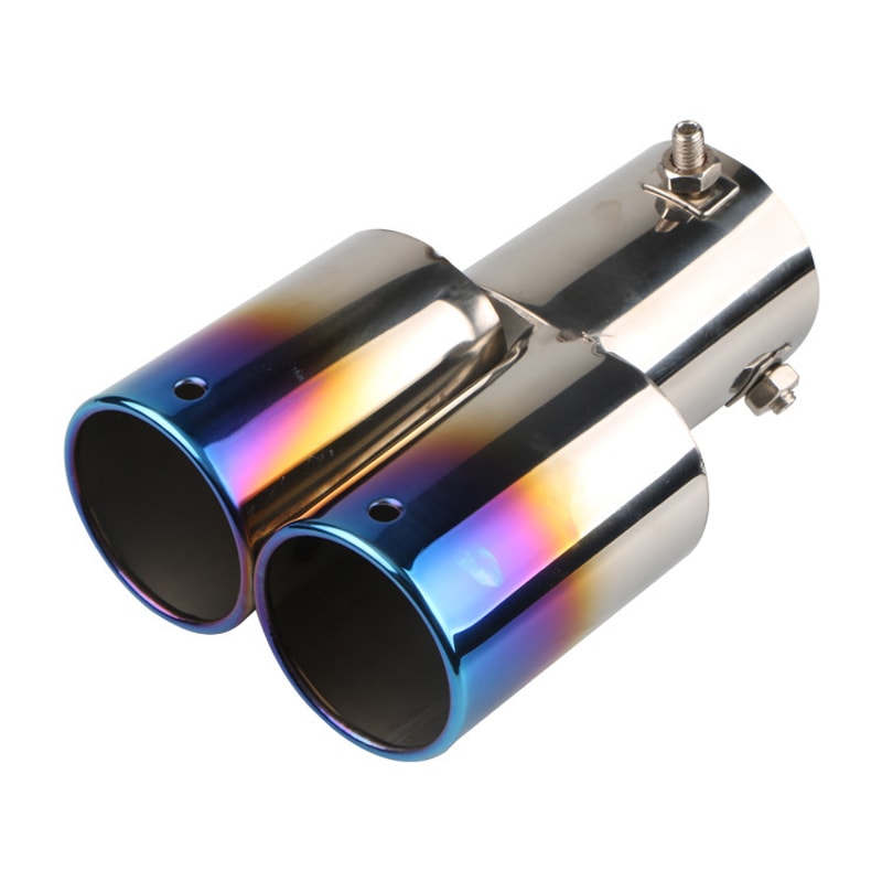 Car Universal Stainless Steel Exhaust Pipe Double Pipe Tail One To Two Grilled Blue Modification 15