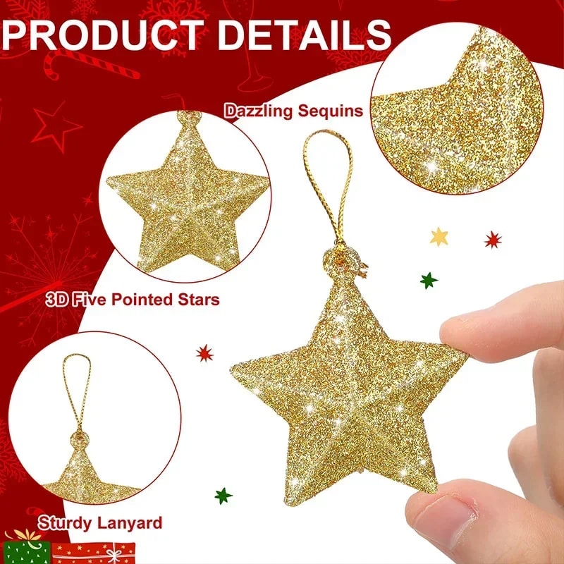 Gold Glitter Star Ornaments Christmas Tree Pendant Festive Party Decorations 2