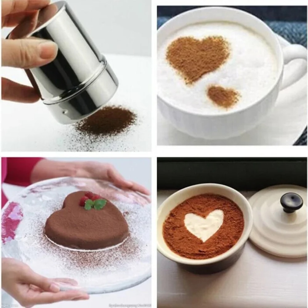 Stainless Steel Powder Sprinkler Dust Cover Kitchen Powder Distributor Cocoa Cinnamon Sugar Season 4