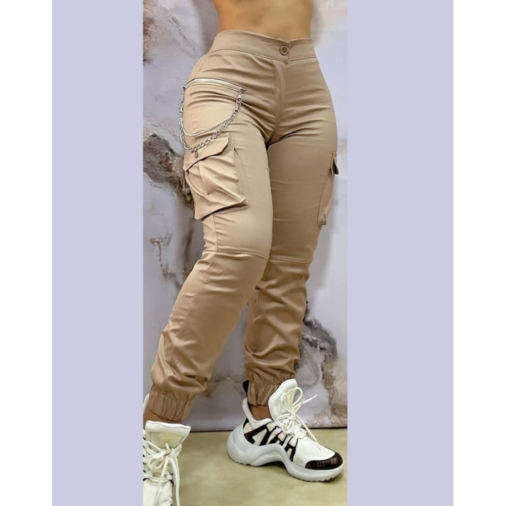 Women Casual Work Pants Autumn Winter Cuffed Cargo Pants With Chain Decor 2