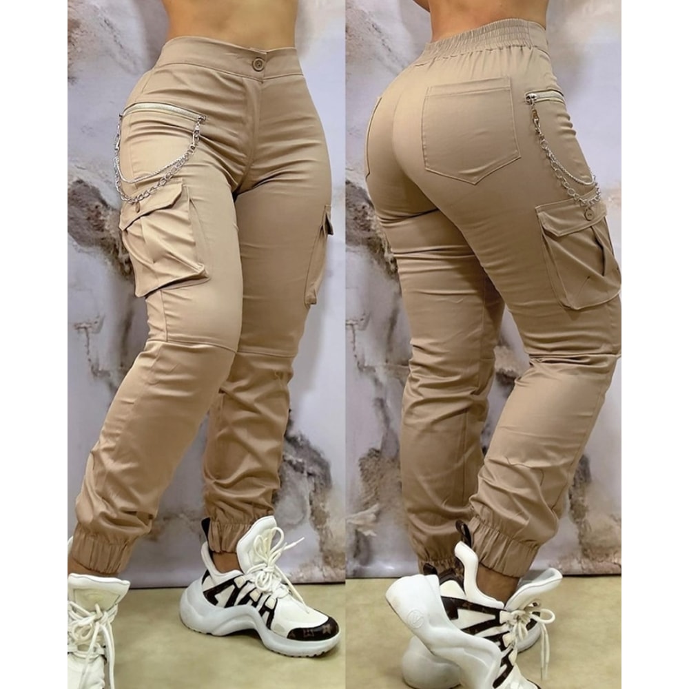 Women Casual Work Pants Autumn Winter Cuffed Cargo Pants With Chain Decor 3