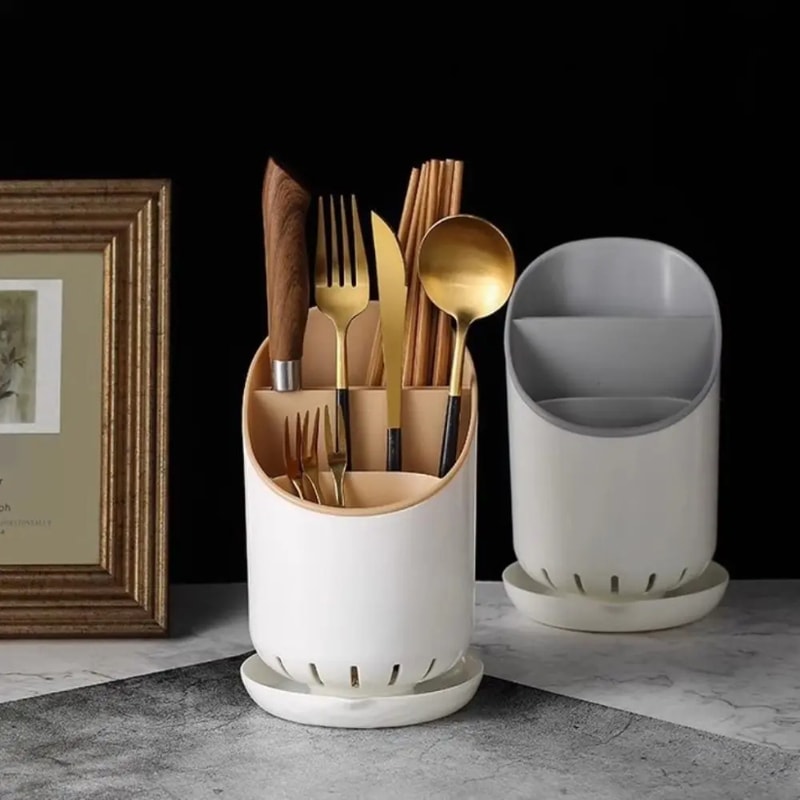 Space Saving Table ware Storage Rack with Tray, Detachable Chop stick Holder, and Drainage Hole