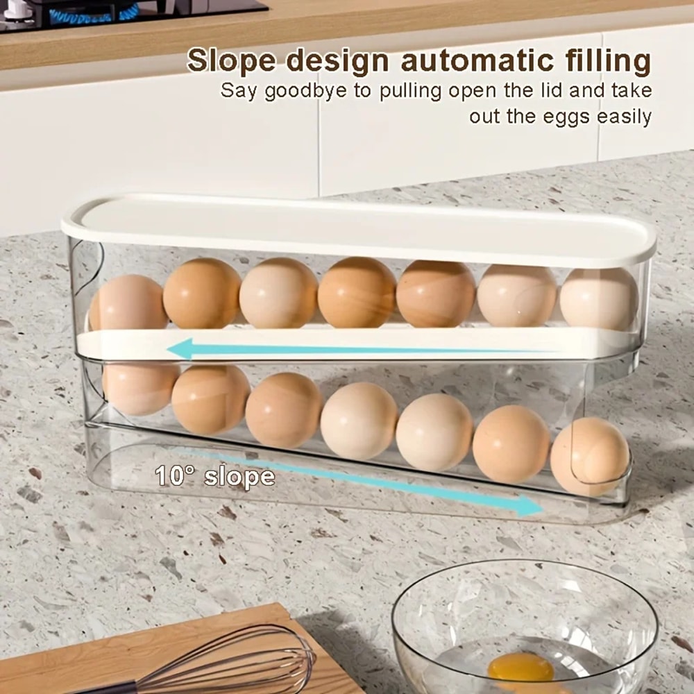Double Layers Refrigerator Egg Storage Box, Large Capacity, Automatic Scrolling Holder for House hold Use