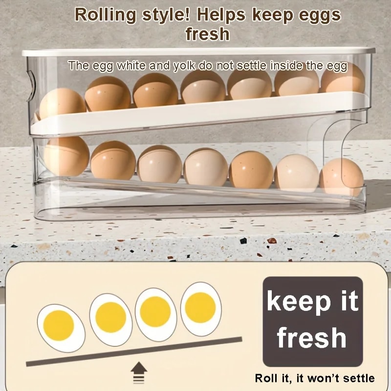 Double Layers Refrigerator Egg Storage Box, Large Capacity, Automatic Scrolling Holder for House hold Use