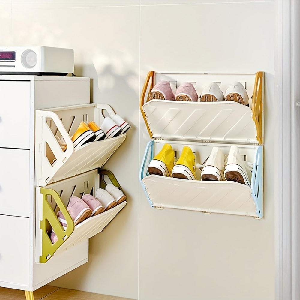 WallMounted Shoe Rack MultiLayer Space Saver Hidden Storage Shelf Foldable Plastic Organizer NoDril