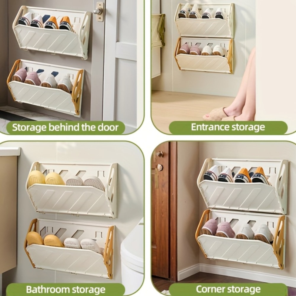WallMounted Shoe Rack MultiLayer Space Saver Hidden Storage Shelf Foldable Plastic Organizer NoDril
