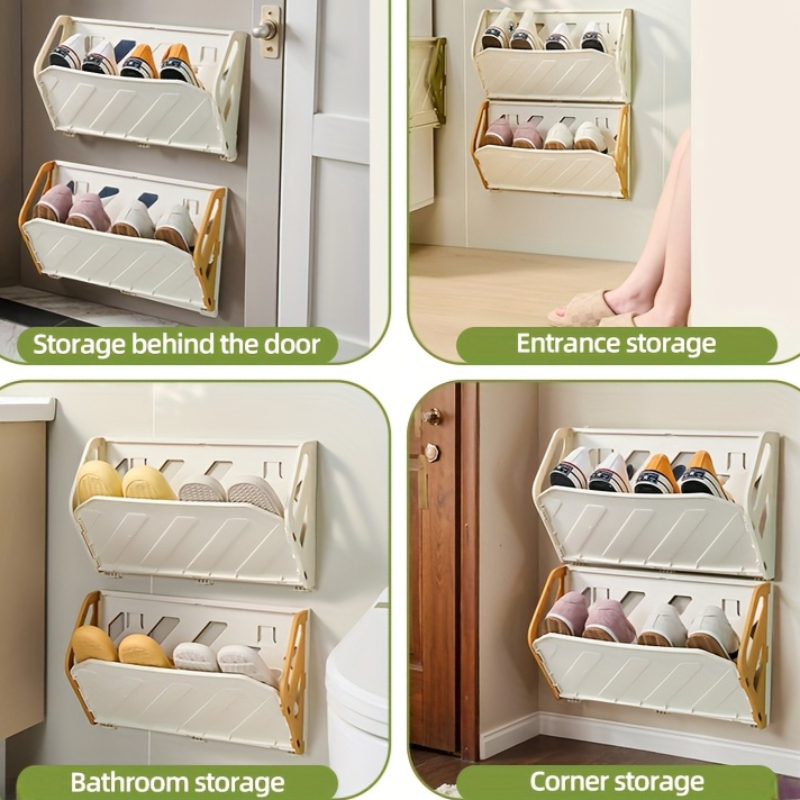 WallMounted Shoe Rack MultiLayer Space Saver Hidden Storage Shelf Foldable Plastic Organizer NoDril