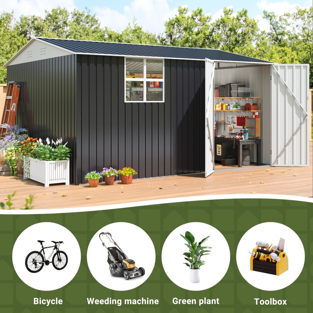 Polar Aurora Outdoor Metal Storage Shed, Heavy Duty Frame, Lockable Garden Tool Shed, Backyard Patio Black