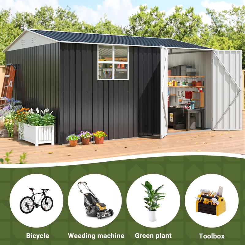 Polar Aurora Outdoor Metal Storage Shed, Heavy Duty Frame, Lockable Garden Tool Shed, Backyard Patio Black