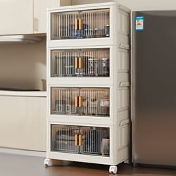 stack able practical storage cabinet with doors and wheels, spacious multi functional plastic organizer