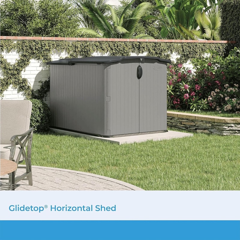 NewGlide Top Horizontal Outdoor Storage Shed With PadLockable Sliding Lid AllWeather Doors 1