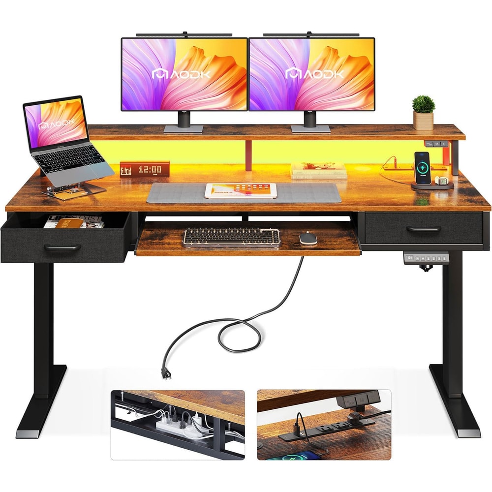 Mid Century Modern Electric Standing Desk with Storage, Small Sit Stand Up Desk, Adjustable Height Wood Computer desk