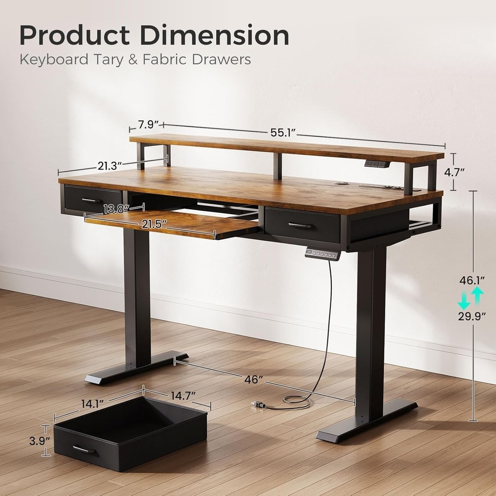 Mid Century Modern Electric Standing Desk with Storage, Small Sit Stand Up Desk, Adjustable Height Wood Computer desk